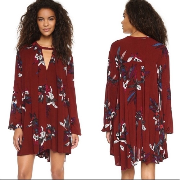 Free People Floral Tree Swing Tunic Dress Burgundy Floral Resort Dress - Picture 1 of 9